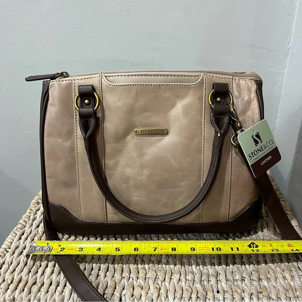 NEW Stone & Co. Megan Satchel Tan/Brown Leather Crossbody Purse 2 Toned 12x4.5x9